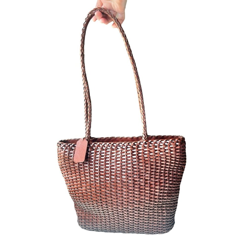 Balentin Lorenzo Handwoven Leather  Tote Bag With Logo Accents & Long Handles - Picture 2 of 13